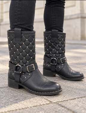Vera Gomma Italy Black Leather Studded Harness Boots Sz 37.5 Punk Grunge Goth